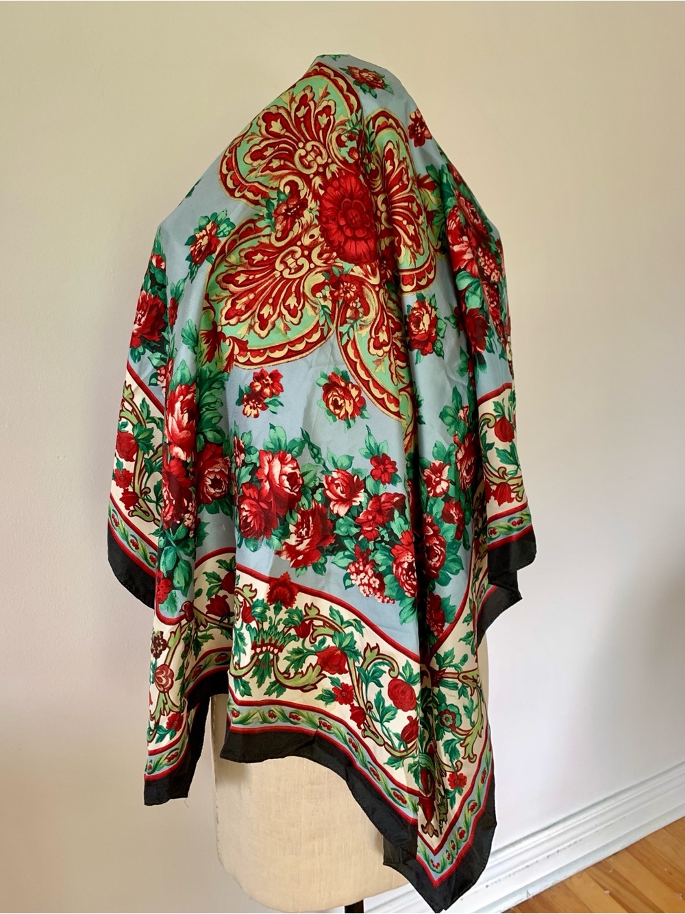 Vintage Silk Scarf Flowers Scrolling Vines